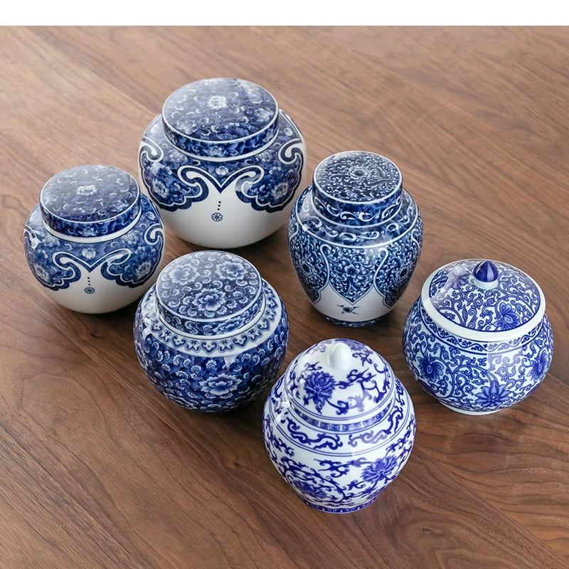 Modrý a biely čaj plechovky keramické utesnené skladovanie Všeobecná kuchynská nádoba Caddy Porcelánová nádoba káva