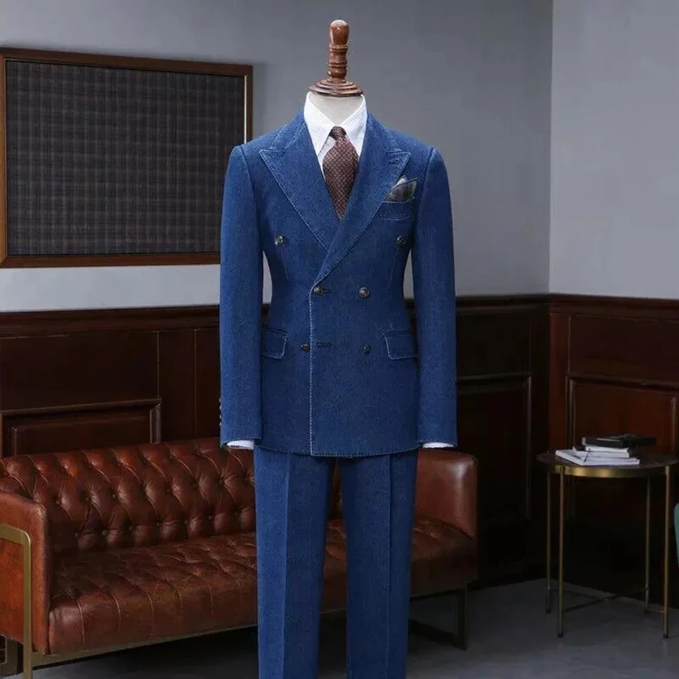Modrý denim Oxford Men Suits Costume Homme Svadobný smokingový smoking s dvojitým dojčeným bundou s nohavicami 2 kusy ženích Wear Masculino