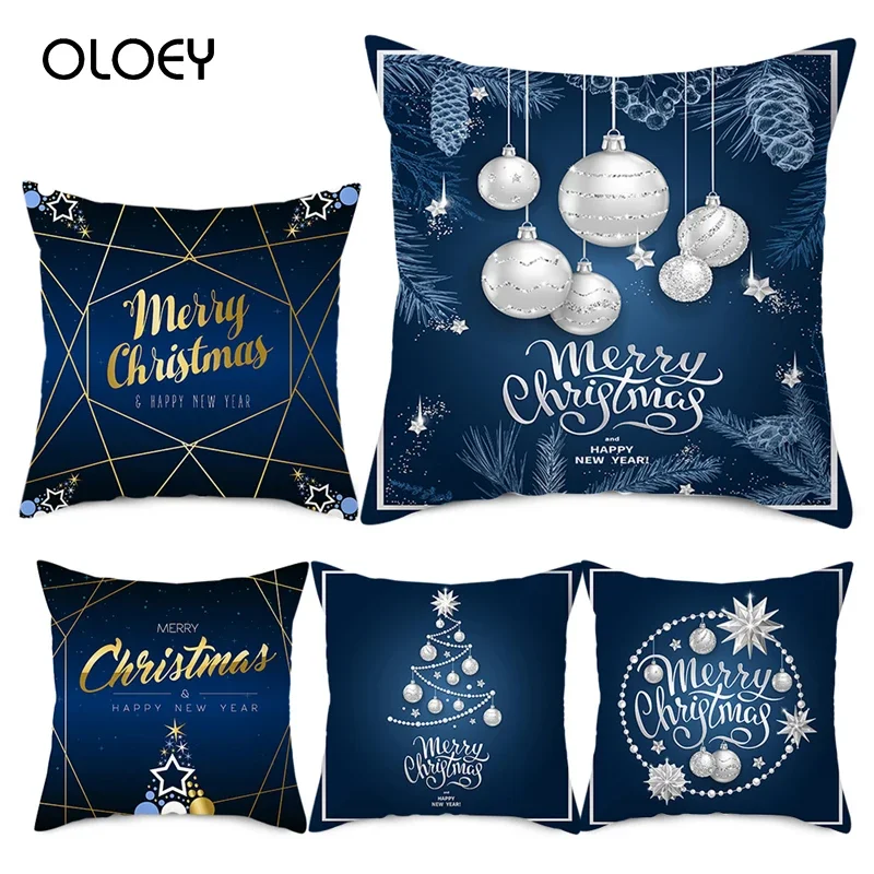 Modrý vianočný vankúš Dream Snow Snow Elk Patter Quilt Cover Cover vankúš Domáca stolička Hotel posteľ dekorácie vankúš 45x45cm ..