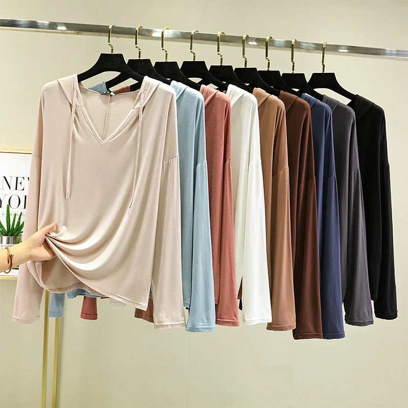 Modálne tričko s kapucňou dlhé rukávy jarné letné voľné tričká Pasnú farbu plus veľkosť slnečného odevu Basic Tops Tops