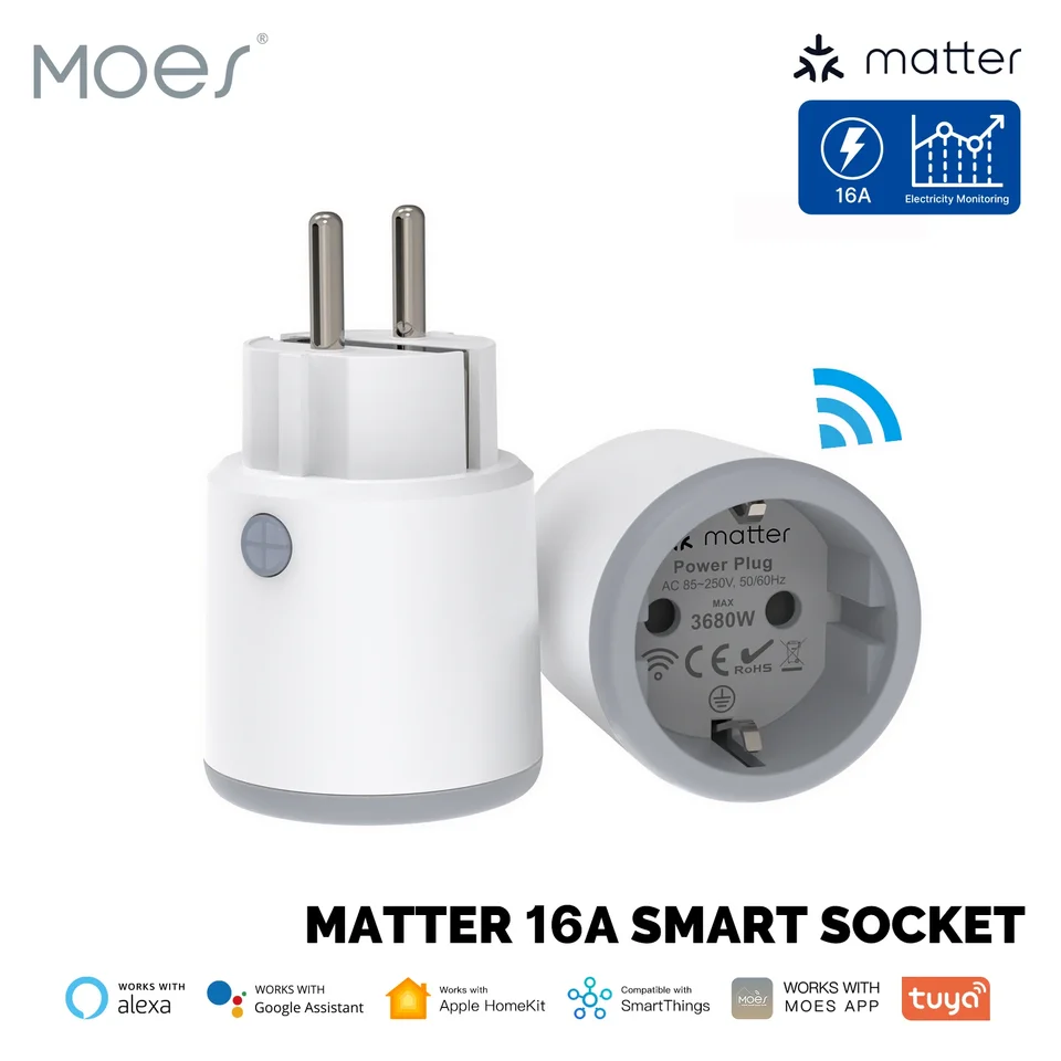 MOES SMART EÚ/US/UK Plug Matter WiFi Socket 15/16A Timer Outlet Power Monitor Podpora TUYA Apple Homekit s Google Home Alexa