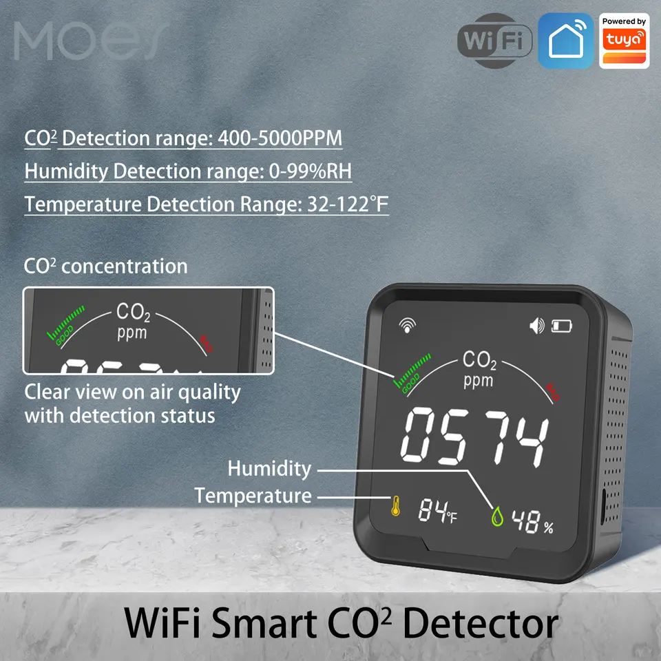MOES SMART TUYA CO2 Detektor teploty testera vlhkosti 3 v 1 detektor oxidu uhličitého Monitora kvality ovzdušia WiFi Senor