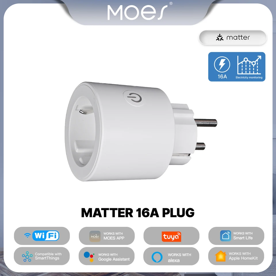 MOES TUYA SMART MATŽIŤ Plug WiFi Socket 16A Outlet Power Monitor Podpora diaľkové ovládanie Apple Home Google Home Alexa Smartthings