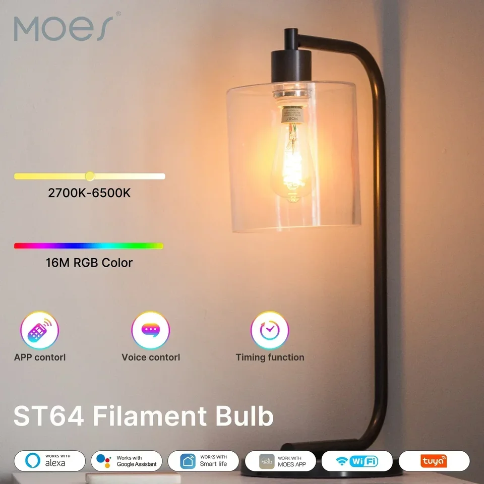 MOES TUYA WIFI SMART ST64 EDISON LED žiarovky 16 miliónov RGB Color Zmena 2700k-6500K Dmierovateľná práca s Alexa/Google Home