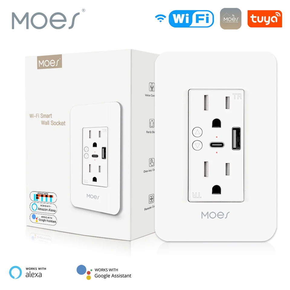 MOES WiFi Power Wall Socket s typom C a USB Dual Smart Outlet Plug Power Outlets podporuje Alexa Google Home