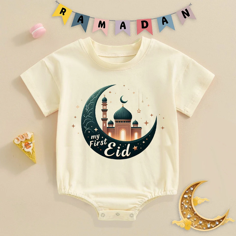 Moja prvá eid tlačená bublina Romper Mubarak novorodenec retro lagre bodysuit islamský moslimský dojčenský sviatok oblečenie pre bábätko