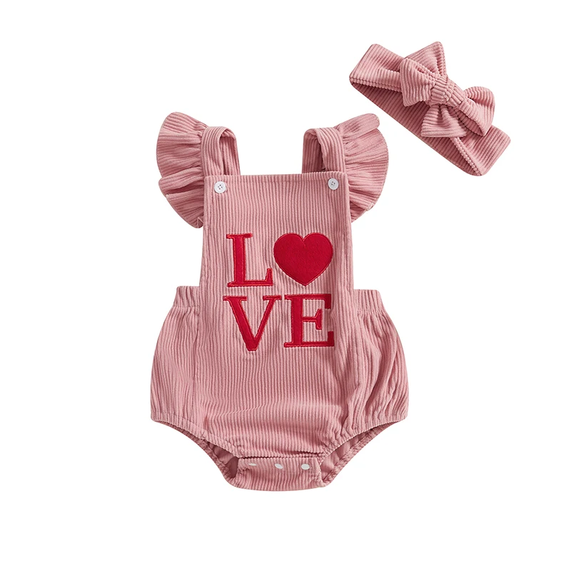 Moje prvé Valentínske deň dievčatka outfit novorodenec Love Heart Bubble Romper Dojčenská kombinéza roztomilá dievčatko oblečenie