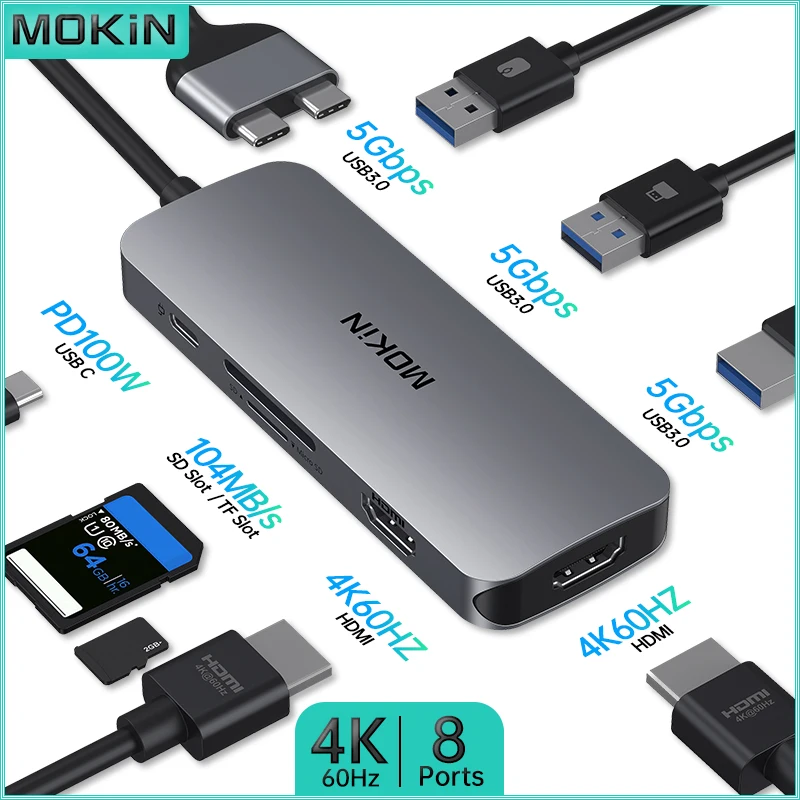 Mokin 8-in-2 USB C Docking Station 4K 60Hz-Dual USB C až 2 HDMI, 3 USB3.0 5 GBPS, PD 100W, SD/TF pre MacBook Pro/Air M1 M2