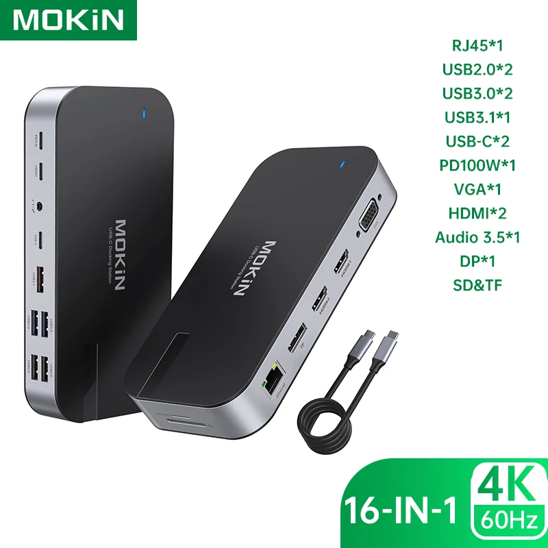 Mokin USB C Docking Station Dual HDMI Monitor Adapter USB C Hub 3 Monitors Adapter s 4K Dual HDMI Displayport VGA 100W PD 3.0