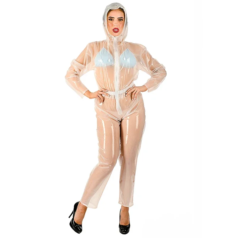 Mokrý vzhľad Ženy Sexy priehľadné kombinézy Patent Patent Leather s dlhým rukávom s kapucňou exotické videnie cez Rompers nočné kluby Custom