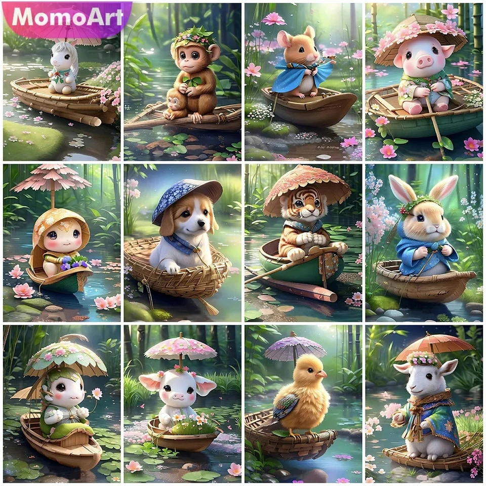 Momoart Digd Diamond výšivka Tiger maľba králika ovce zviera Obrázok Smienky opíc Mozaika nástenné umenie lode