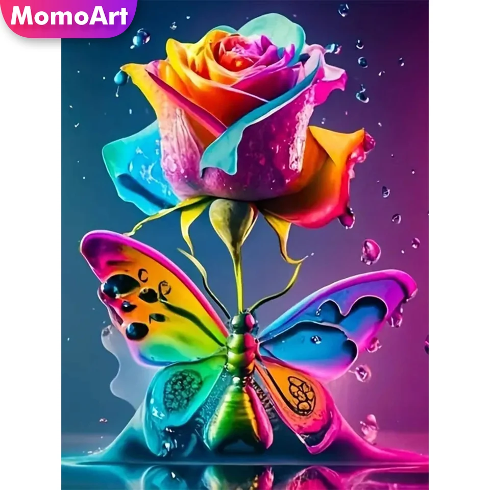 Momoart DIY Diamond Mosaic Farebný ružový kvetina Obrázok kamienky výšivky Butterfly maľba fantázia nové príchod