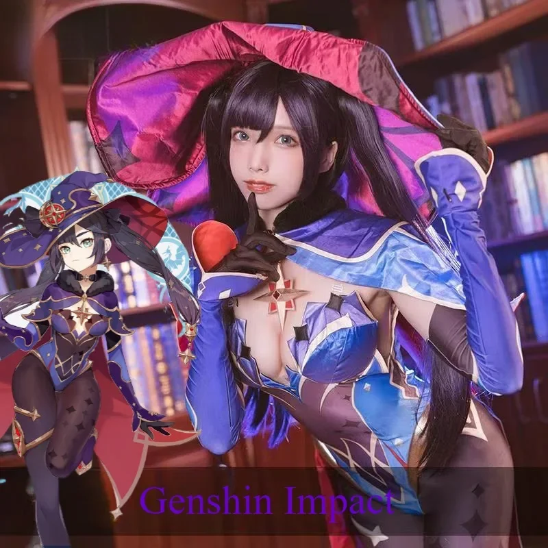 Mona Cosplay Genshin Impact Game Purpurová kombinéza Cloak Hat Full Set Women Karneval Party Cool Zentai Cape Elegant Adult