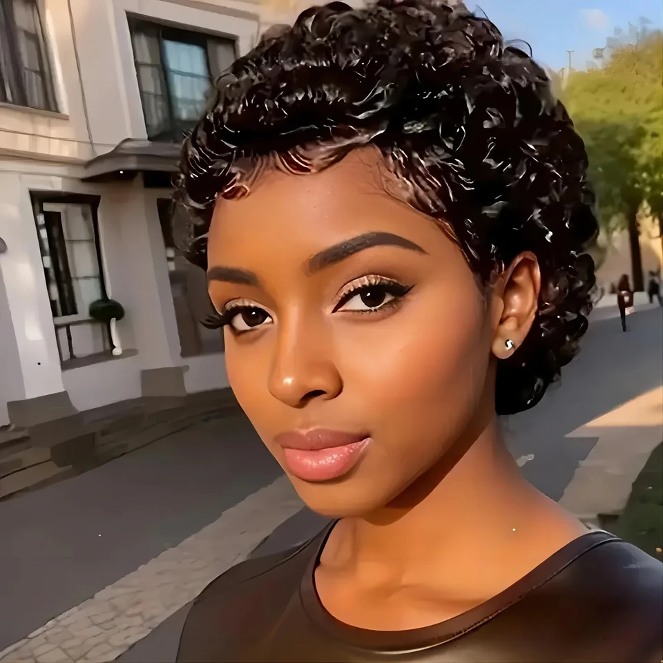 Mongolské afro výstredné kučeravé ľudské vlasové parochne Krátke pixie curl 150% hustota brazílske vlasové parochne plné stroj