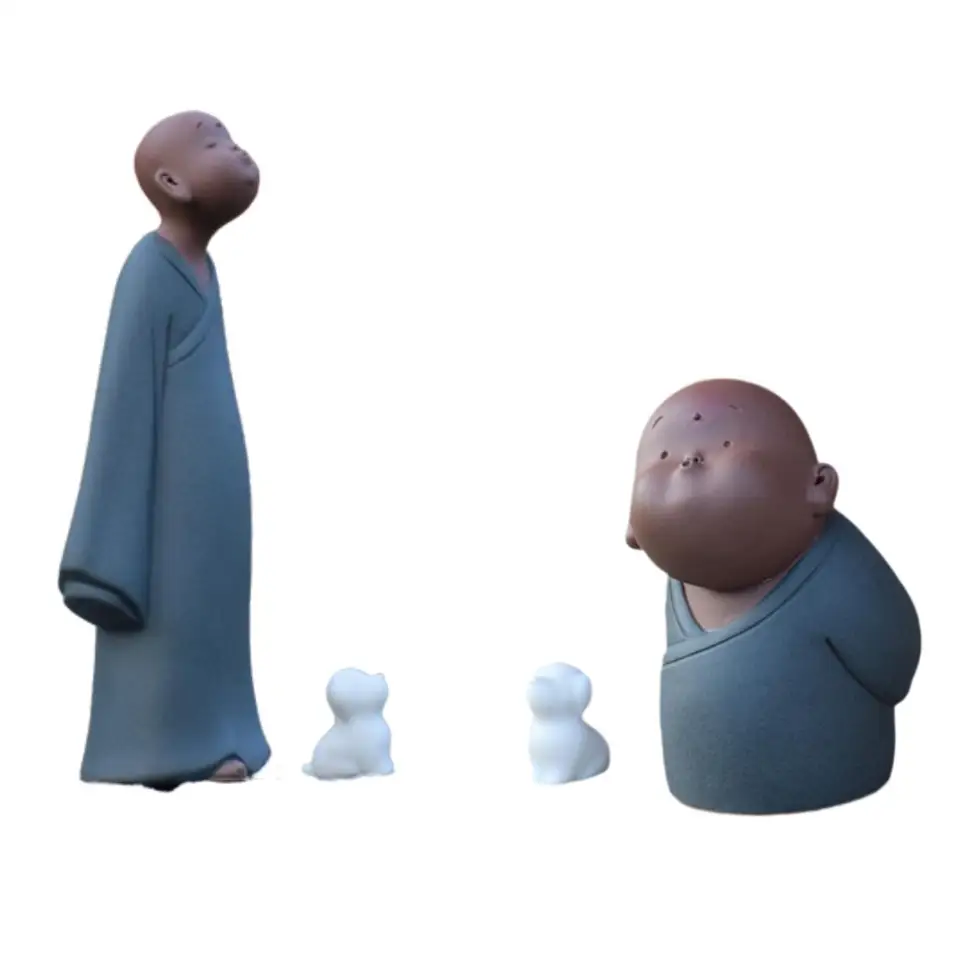 Monk figurín Praktická ozdoba s malým psom sochou roztomilý fialový hlinený čajový súprav
