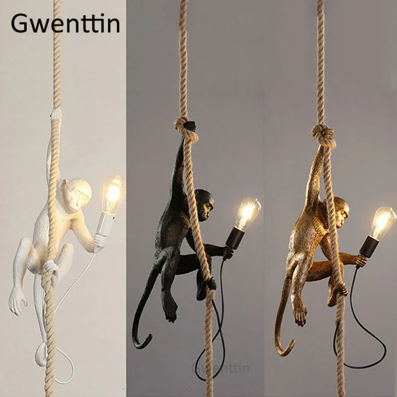 Monkey Lamp Replica Kreatívne vinobranie závesné svetlá Luster stropný konope konope visiace lampa jedáleň Loft Priemyselný dekor
