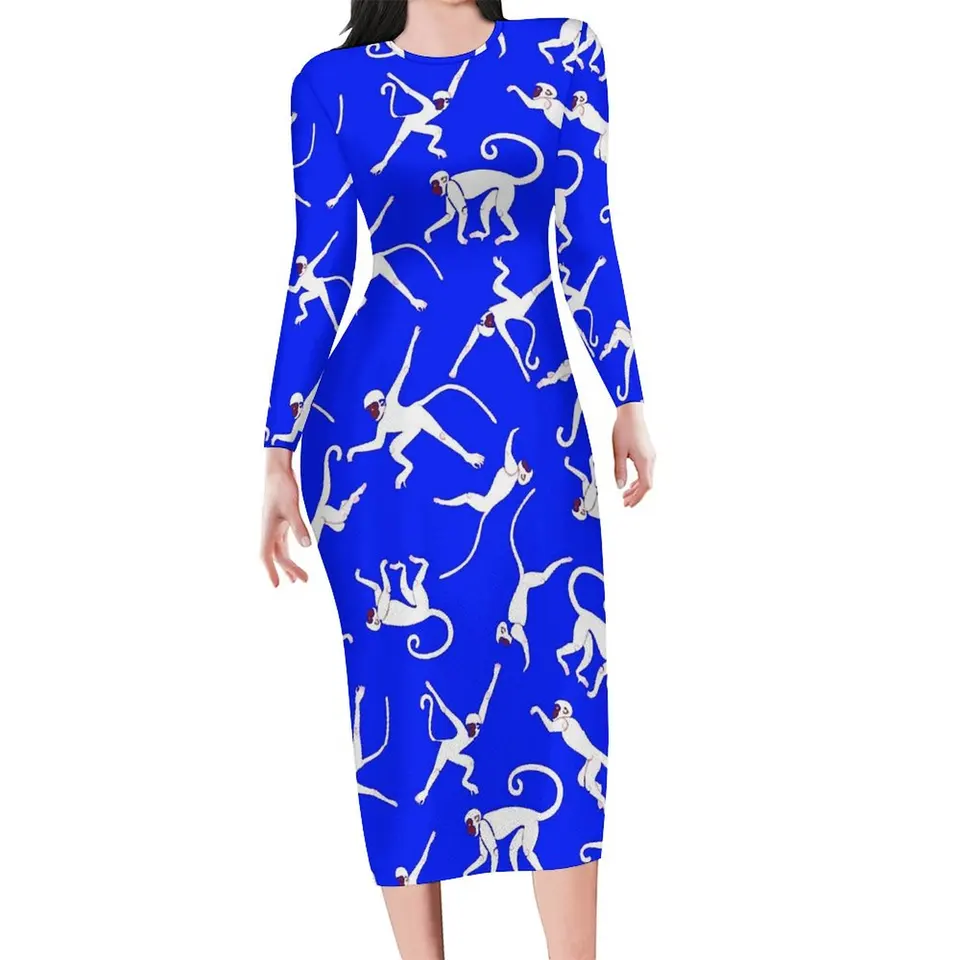 Monkey Print Šaty s dlhým rukávom modré a biele retro šaty jarné ženské estetické dizajnérske šaty Bodycon Dress Veľká veľkosť 4xl 5xl