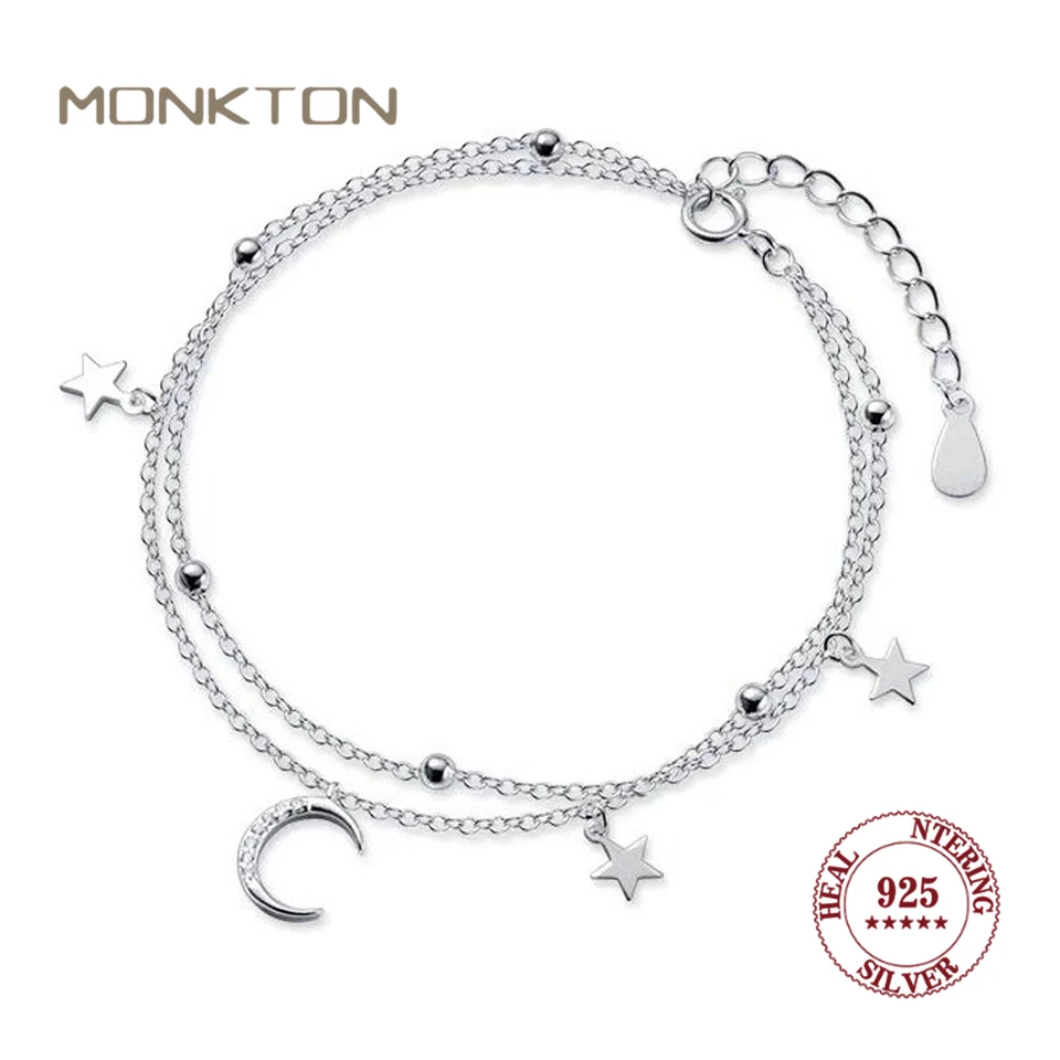 Monkton 100% 925 Sterling Silver Moon Star Náramky pre dcéru/sestru/mama/priatelia Dve vrstvy nastaviteľný náramok v darčekovej krabici