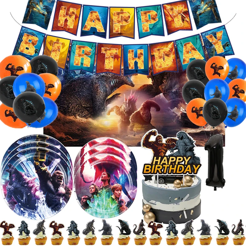 Monster Godzillaed vs King Konged Narodeninová oslava dekorácie jednorazový pohár Set Cup Balóny Banner pre deti narodeniny