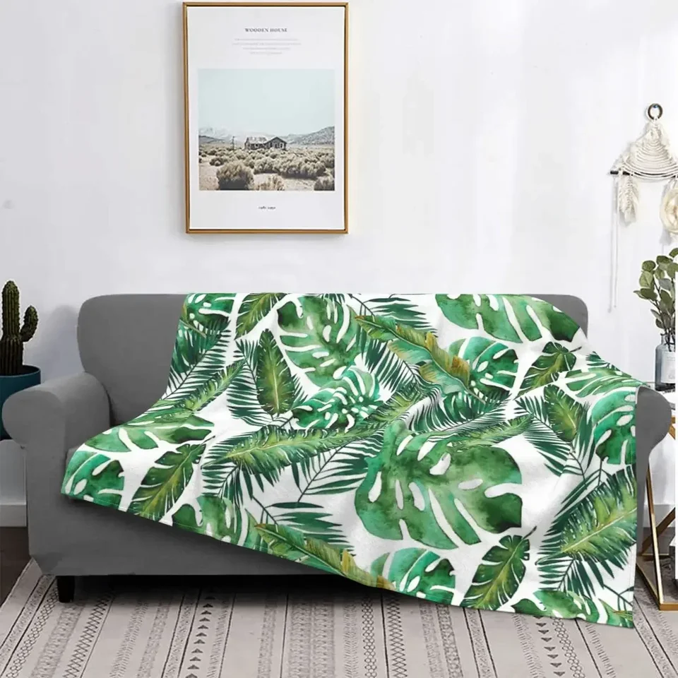 Monstera Banana Palm Leaf prikrývka, tropická téma prikrývka zelená obrie listy queen size fleece prikrývky pre pohovku alebo posteľ