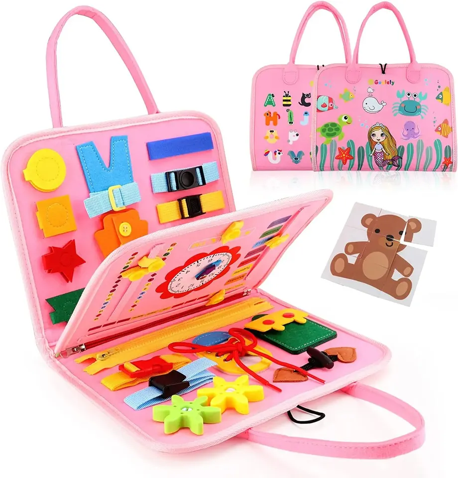 Montessori Busy Board Falt Sensory Board pre batoľatá Vzdelávacie aktivity Rozvíjanie základných šaty jemné motorické zručnosti cestovné hračky