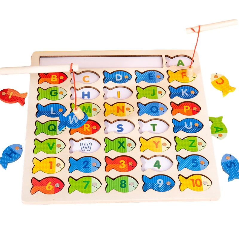 Montessori hračky Drevené magnetické písmeno Poznanie rybárskej hry Farba párovanie Puzzle doska Ranná vzdelávacia hračka pre deti deti