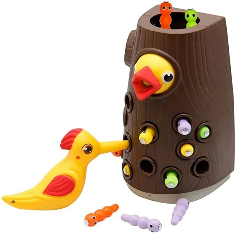 Montessori Toy Woodpecker Magnetický úlovok Červové chyby Malé vtáky Kŕmenie hračiek pre deti pre deti Rodinné rodinné hračky
