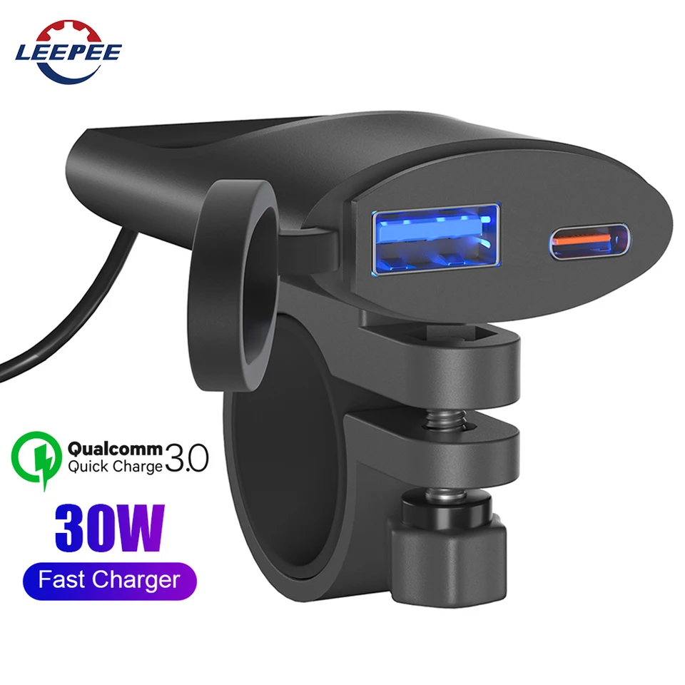 Montážna držiak na riadidlá rýchle nabíjačka Motocykel USB nabíjačka 12V-24V Moto Phone nabíjačka 3.4a 30W QC3.0 Motocyklové príslušenstvo