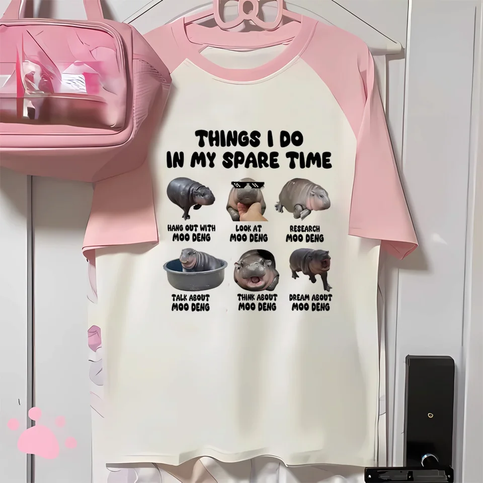 Moo Deng T-Shirt Girl Trendy hip hop streetwear estetické priedušné tričko hip hop kawaii klasické ženy pohodlné digitálne digitálne