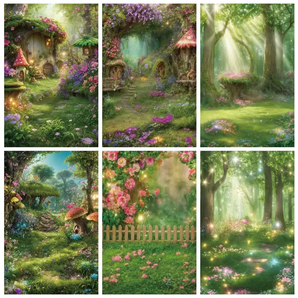 Moon.Qg Fairy Forest Spring Birthday pozadie Photography Trees kvetinový plot Photozone pozadie detské štúdio PhotoBooth Podeslá