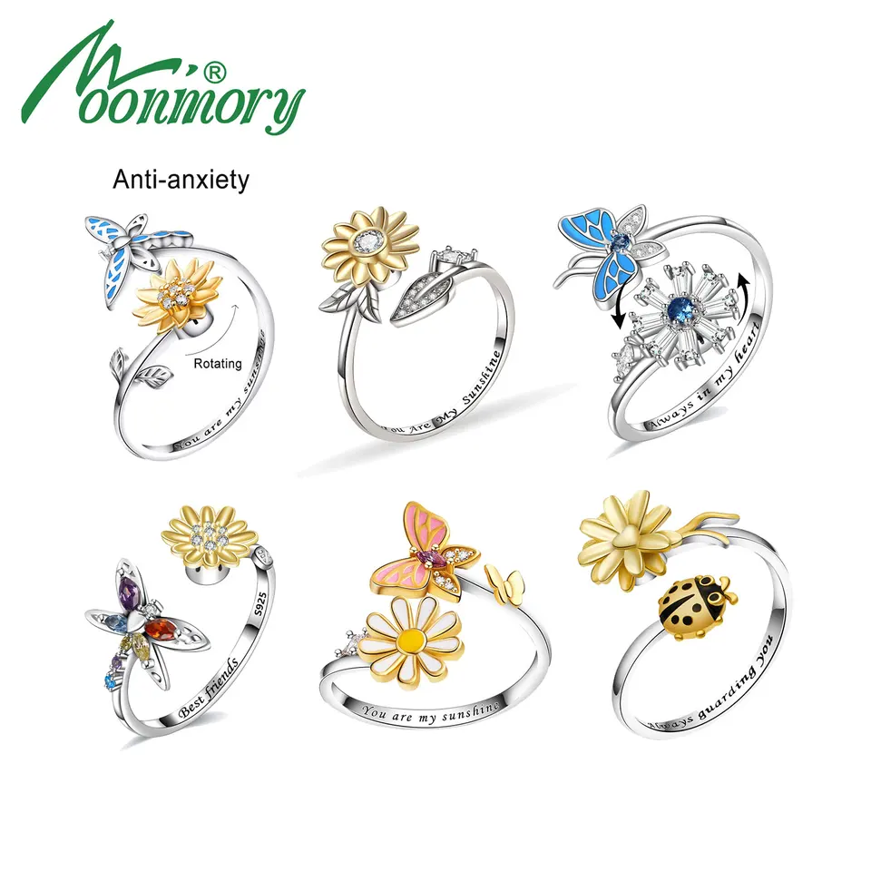 Moonmory 925 Sterling Silver Dámsky úzkostný prsteň Rotujúci otvárací kruh Sunshine Flower Smalt Butterfly Zmierujúci stresové krúžky