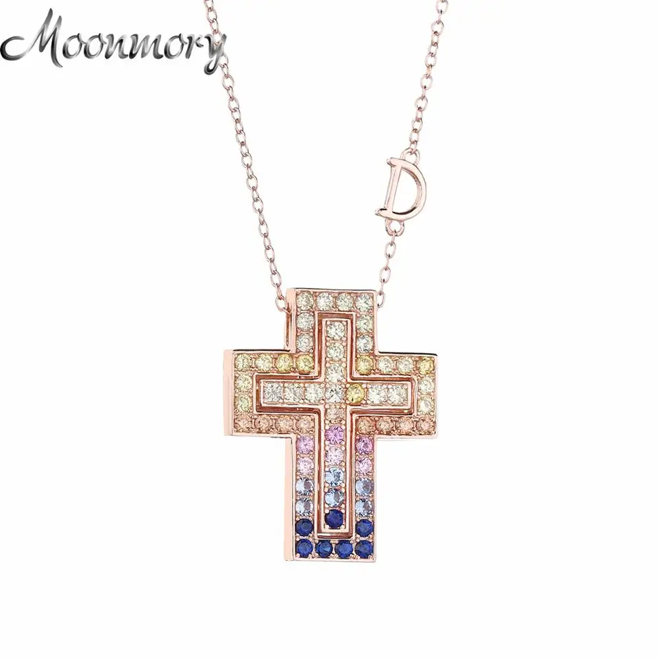 Moonmory Belle Epoque 925 Sterling Silver Double Cross Prívesok Náhrdelník L Písmeno D ružové zlato náhrdelník s farebným kameňom
