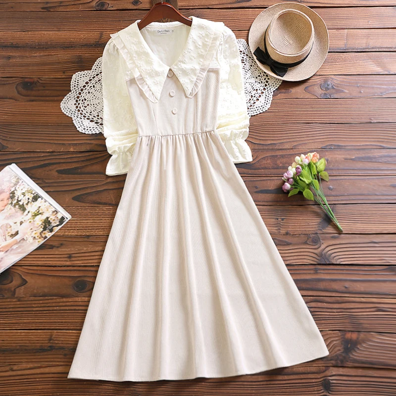 Mori Girl Corduroy oblečené nové zimné móda s dlhým rukávom Ženy elegantné Vestidos