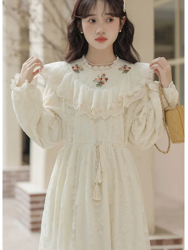 Mori sladké šaty s dlhým rukávom pre ženy marhuľové čipky vyšíva elegantné retro šaty elegantné pádové plyšové zahusťované vestidos neformálne