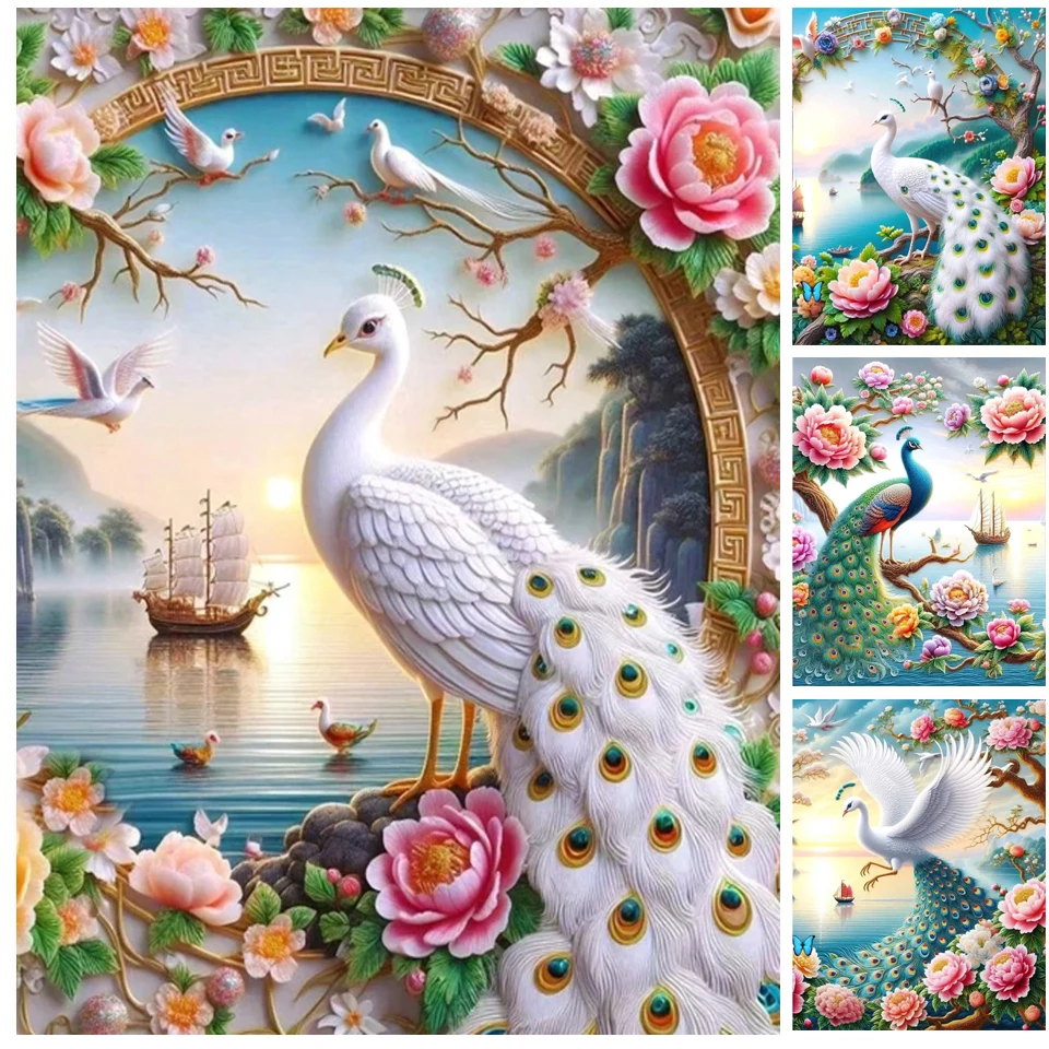 Morská krajina 5D DIY Diamond Painting, Full Diamond Mosaic New 2024 Dream White Pávové kvety krížové stehové vyšívanie