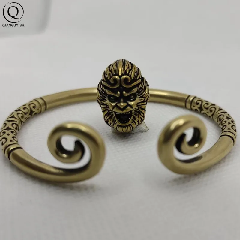 Mosadzný čínsky super hrdina Monkey King Hoop Bangle Antique Copper Sun Wu Kong Náramok pre ženy Men módne reťazce šperky