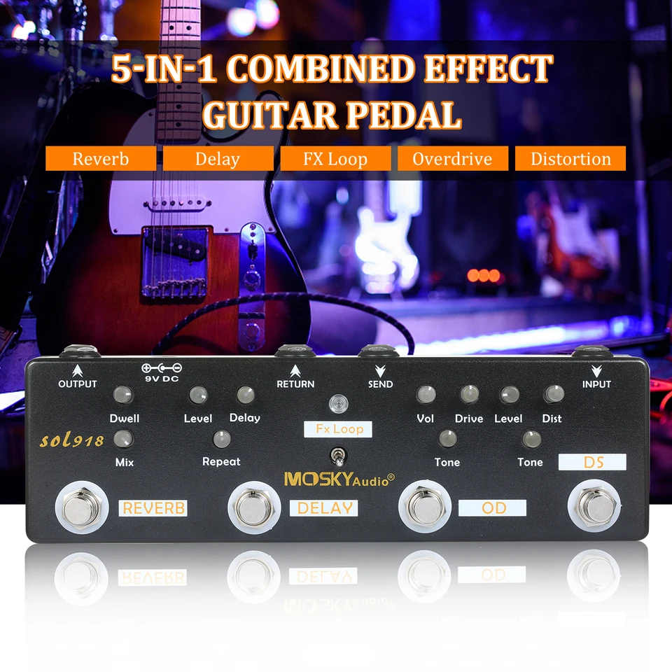 Mosky Audio Sol918 5-v-1 Multi-efekt Pedál Kombinovaný efekt Guitar Pedál True bypass viacerých kombinovaných efektových zariadení viacerých