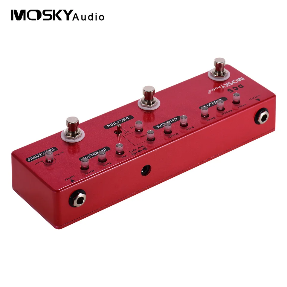 MOSKYAUDIO DC5 6-v-1 Guitar Multi-Effects Oneskorenia + zbor + skreslenie + Overdrive + Booster + vyrovnávací pluk Full Metal Shell
