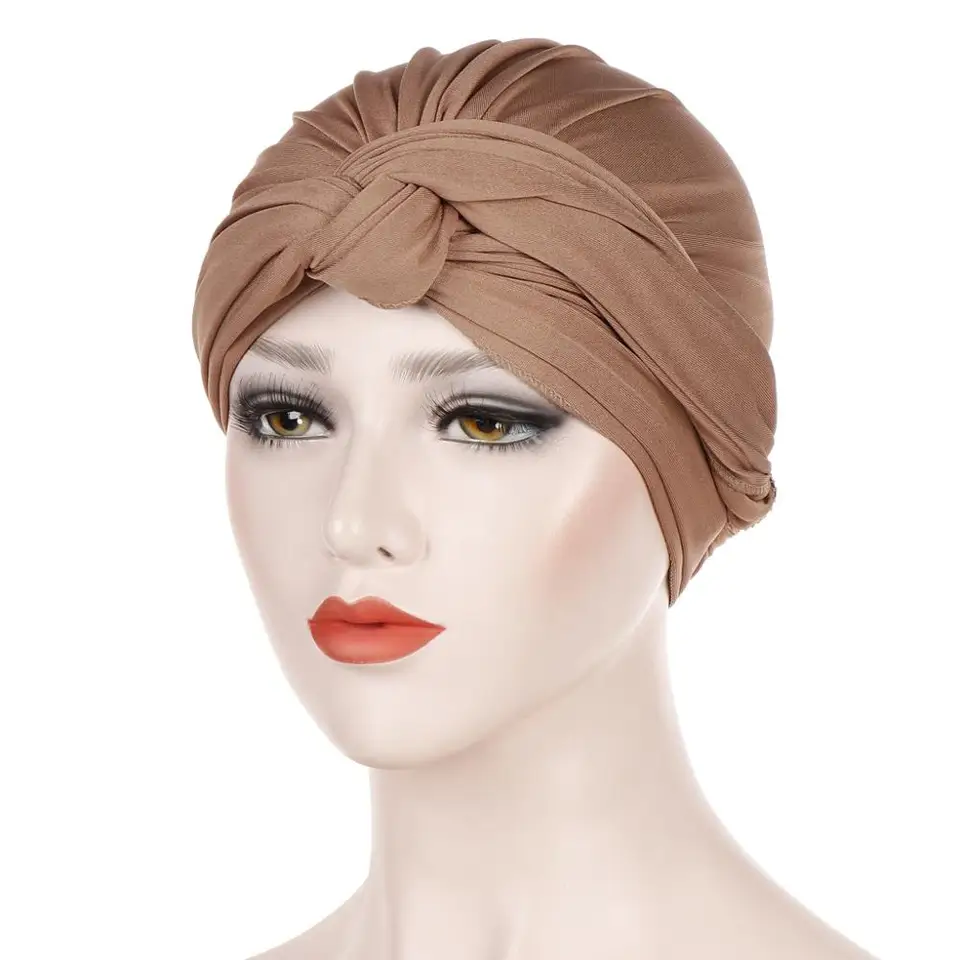 Moslimská móda twist Twist Turban Hat pre ženy bavlnené turbante indická čiapka islamský hidžáb kapota femme Musulman hlava zábaly