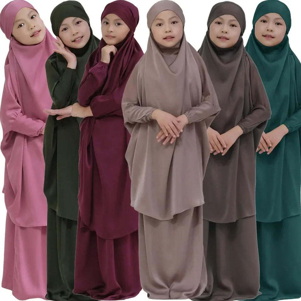 Moslimské deti dievčenské modlitebné šaty hidžáb abaya rúcho dlhé khimar sukňa sada arabské deti ramadan kaftan islamský eid party šaty šaty