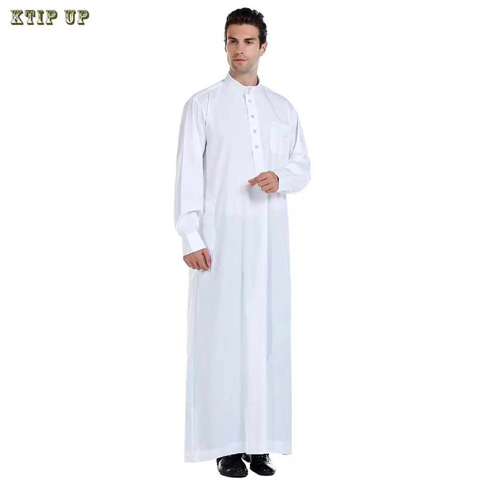 Moslimské rúcho biele žlté muži caftan s dlhým rukávom okrúhle gombíky Moslimské oblečenie priedušné Eid Stredný východ jubba thobe darček arabčina