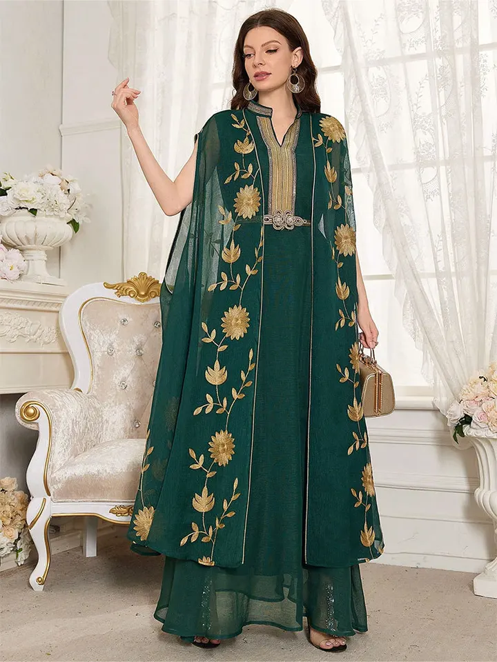 Moslimské súpravy pre ženy výšivky 2 kusové šaty Ramadan Dubai Abaya Večerné večierky Maroko outfits kaftan Turecko eid djellaba
