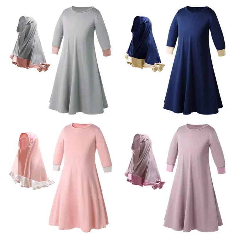 Moslimské tradičné oblečenie Islamské rúcho deti Dievčatá Richer Saudo Arab Dubai Solid Abaya Kaftan s šiatmi Hidžáb