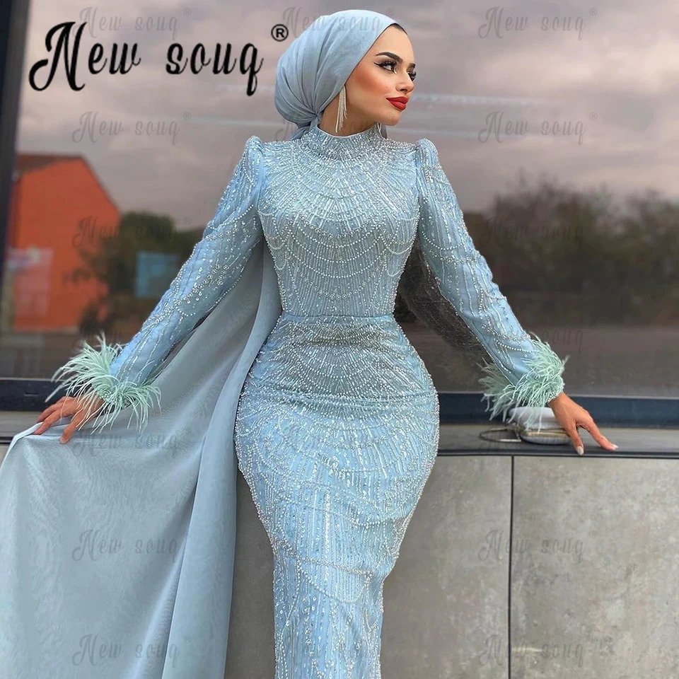 Moslimské šaty s dlhým rukávom Blue Party s nadšeným sukňou Ženy Beading Prom šaty Ismarlama Fırsat Elbiseler Dubai Hochzeitskleid