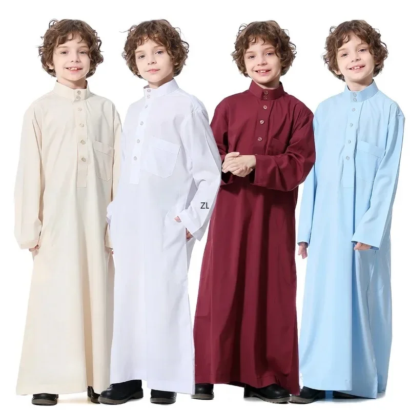 Moslimskí Saudskí detskí chlapci Dishdasha s dlhým rukávom Rúb thobe dubaj Islamská abaya na Stredný východ arabské oblečenie detské šaty kaftan kaftans
