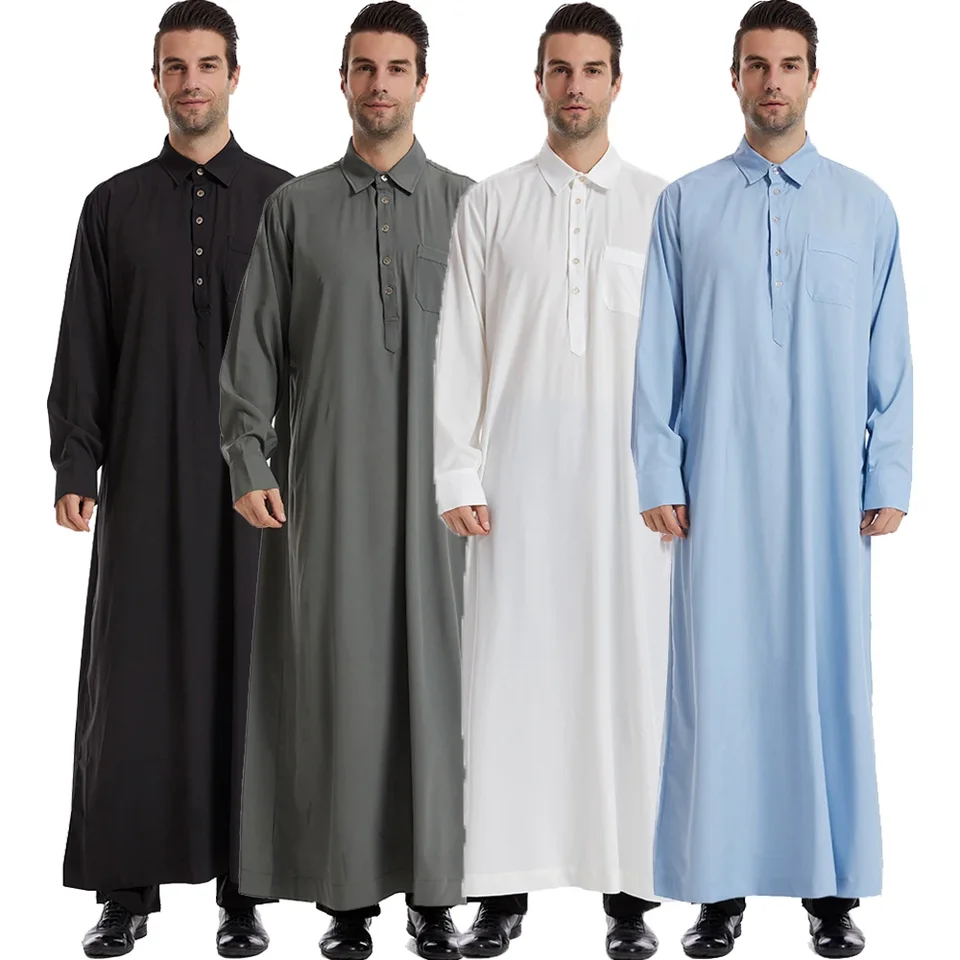 Moslimský stredný východný mužský mužský rukáv Jubba Thobe Ramadan Rúb arabský izlamský tuhá farba kaftan Thawb maxi-moslim Dubaj Long Abaya
