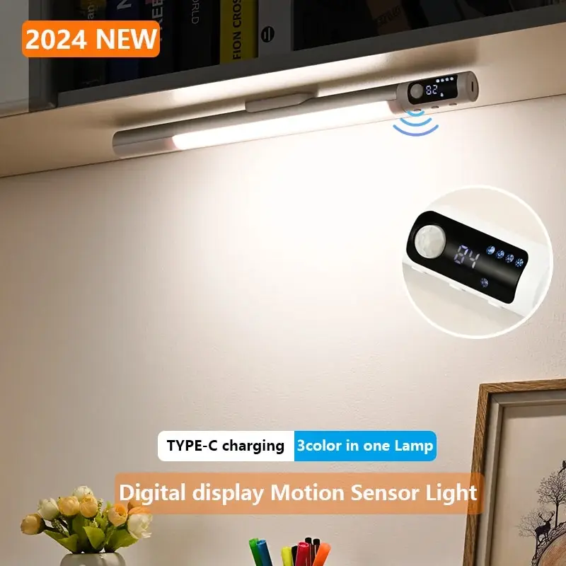 Motion Sensor Night Night Light Desk Lamp Typ C Nabíjateľné svetlá svetiel pre kuchyňu LED Digitálne zobrazenie Nočné svetlá