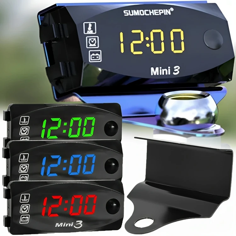 Motocykel 3 v 1 voltmeter Elektronické hodiny IP67 nepremokavý prachový teplomer LED digitálny displej Elektronické hodinky