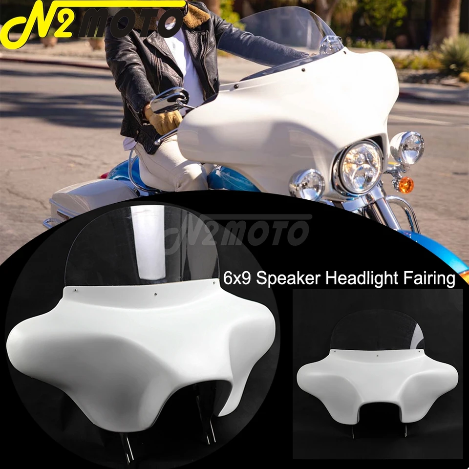 Motocykel biely batwing kapotáž svetlomet Cover Cover Deflector Bracket 6x9 Reproduktor pre Harley Touring Road King Fllhr CVO 94-13