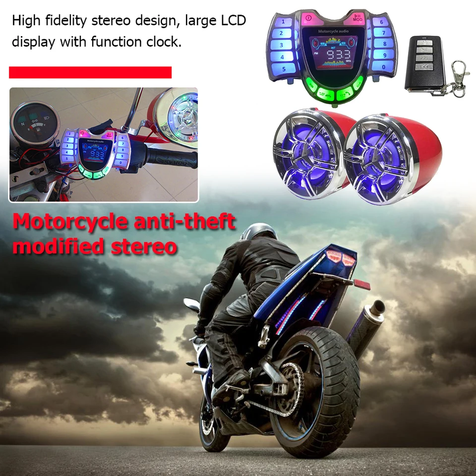 Motocykel Bluetooth kompatibilný zvukový systém Svetlosť a prenosnosť Žiadny priestor zaberá vodotesné stereofónne reproduktory Radio USB